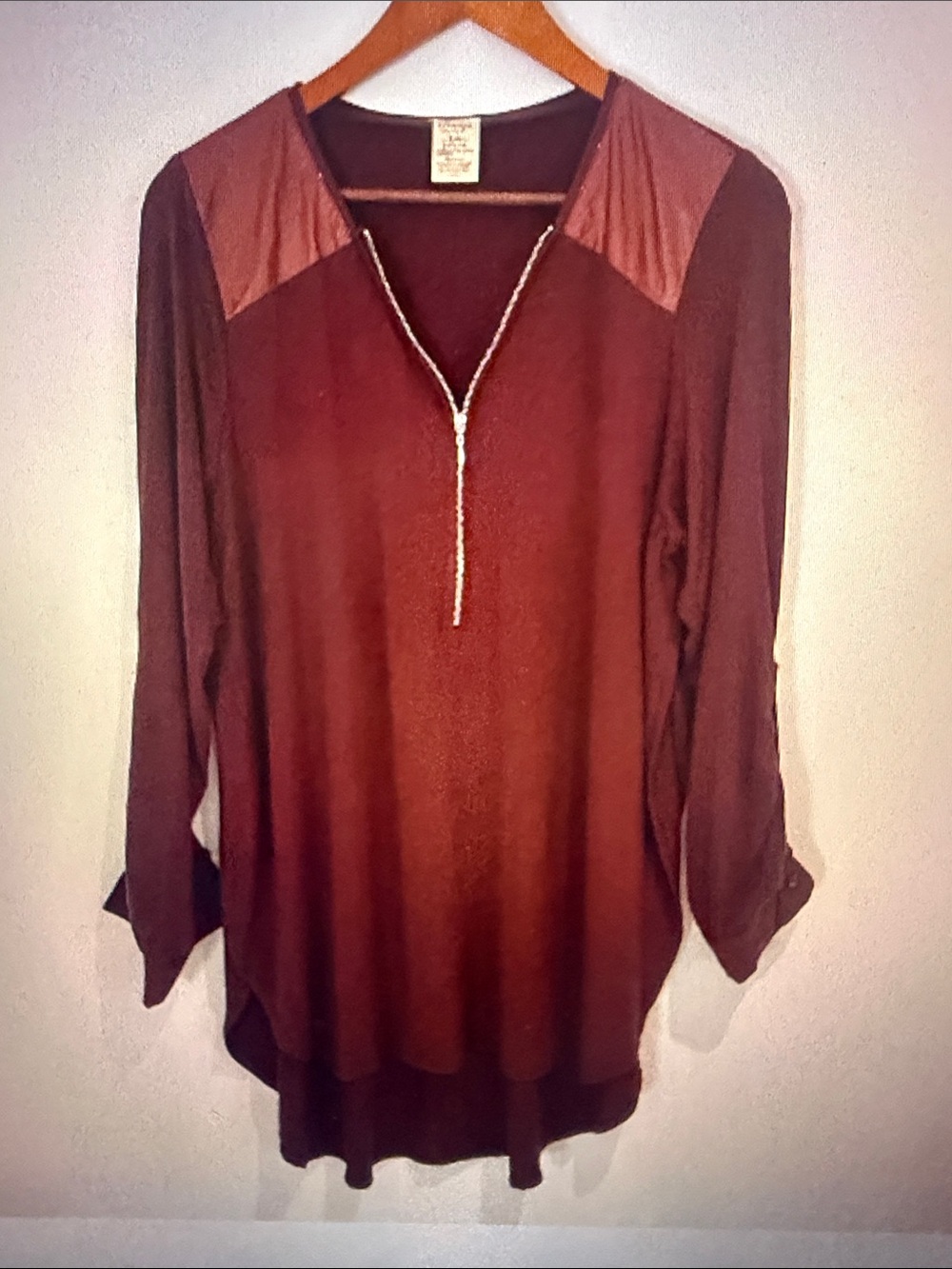 Orange Fashion Village Women Brown 3/4 Roll Tab Sleeve 1/2 Zip Up Top Size S/M